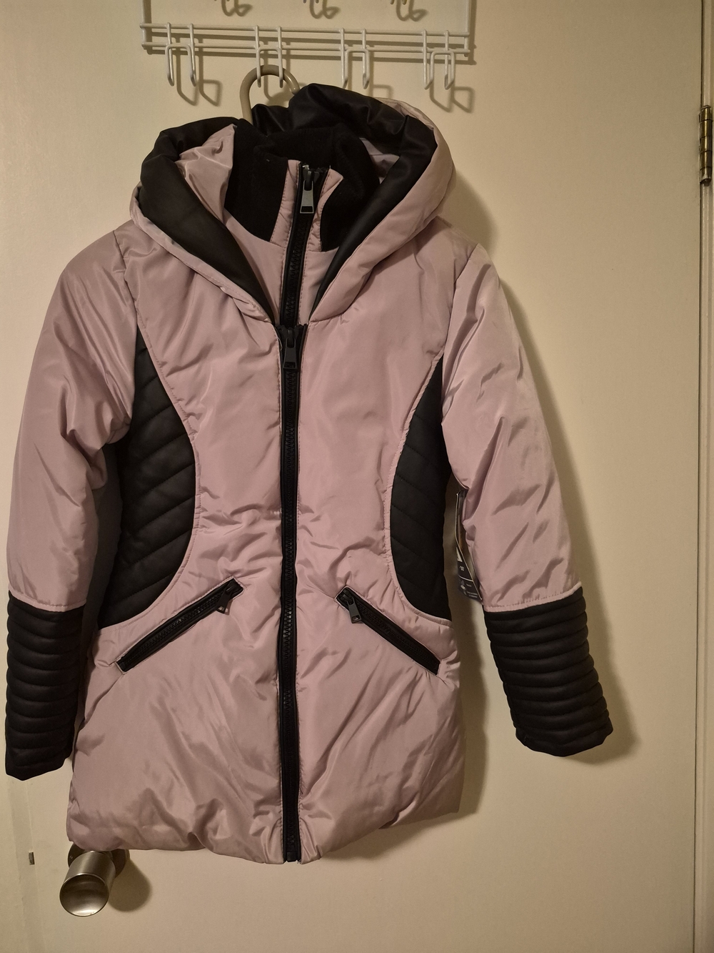 Light Pink Quilted Hooded Winter Coat with Black Accents By Bella & Birdie S